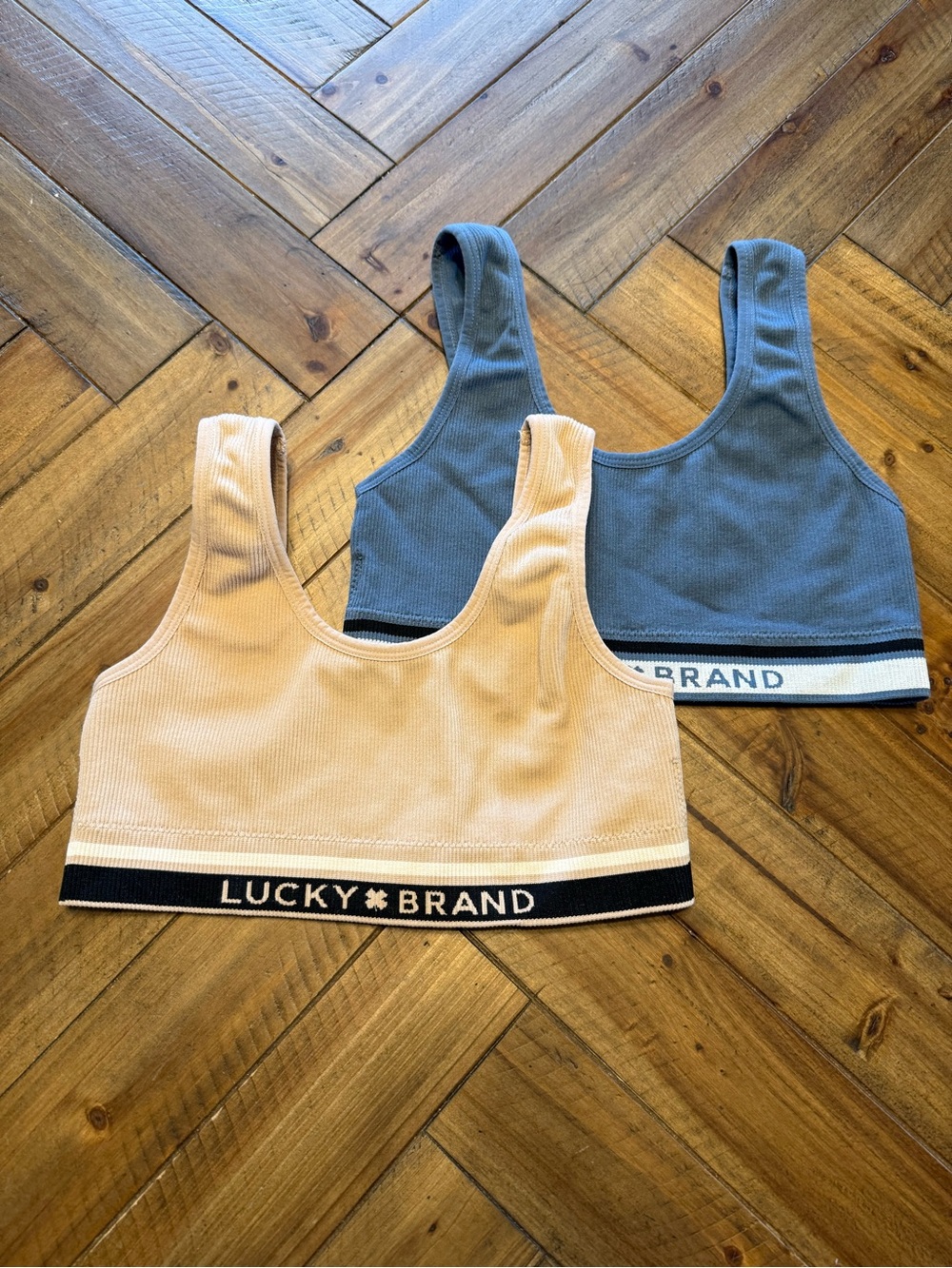 Lucky Brand Ribbed Scoop Bralette Duo in Cream and Slate Blue